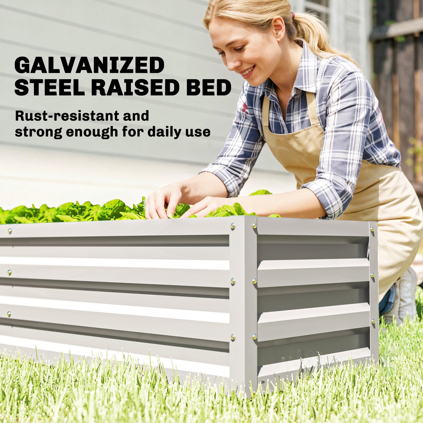 Small Greenhouse with Raised Garden Bed, Galvanised Walk-in Greenhouse with Roll Up Windows, 141 x 141 x 190 cm, White