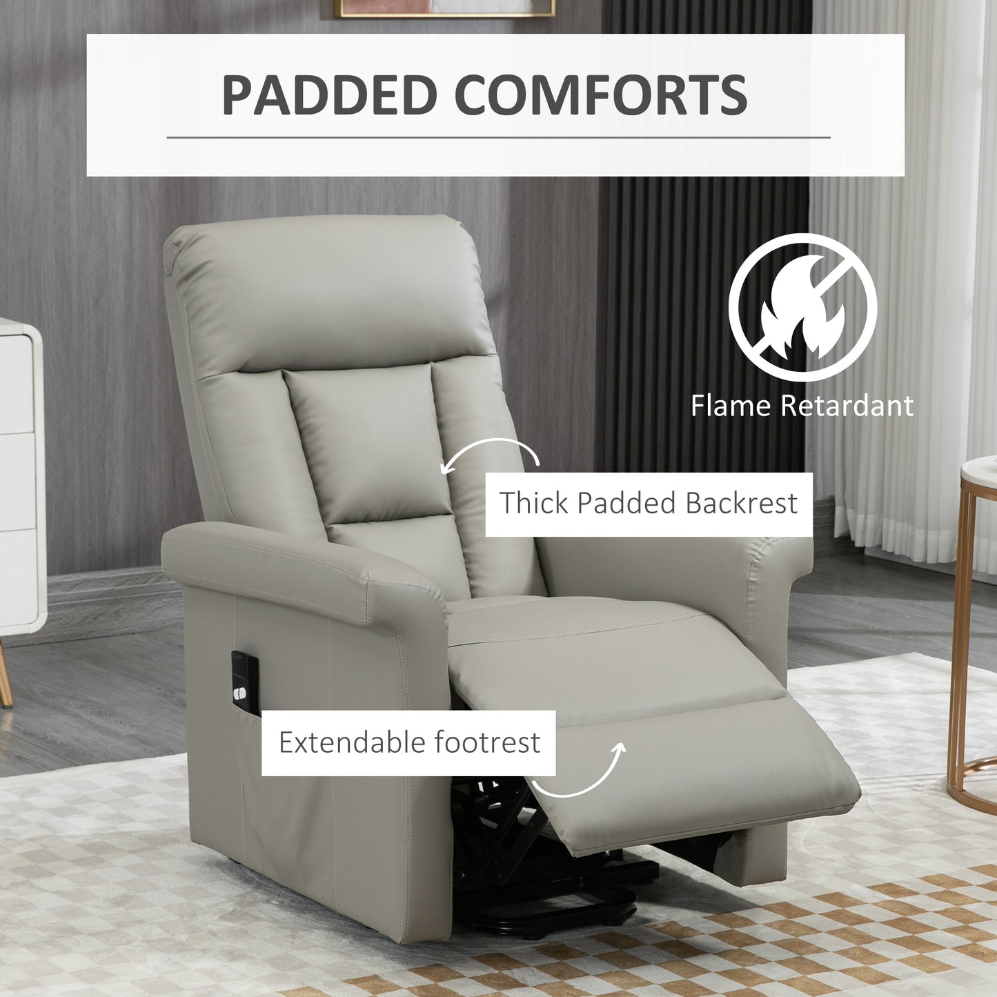 Power Lift Chair Armchair for the Elderly, PU Leather Recliner Chair with Extended Footrest, Remote Control and Side Pocket