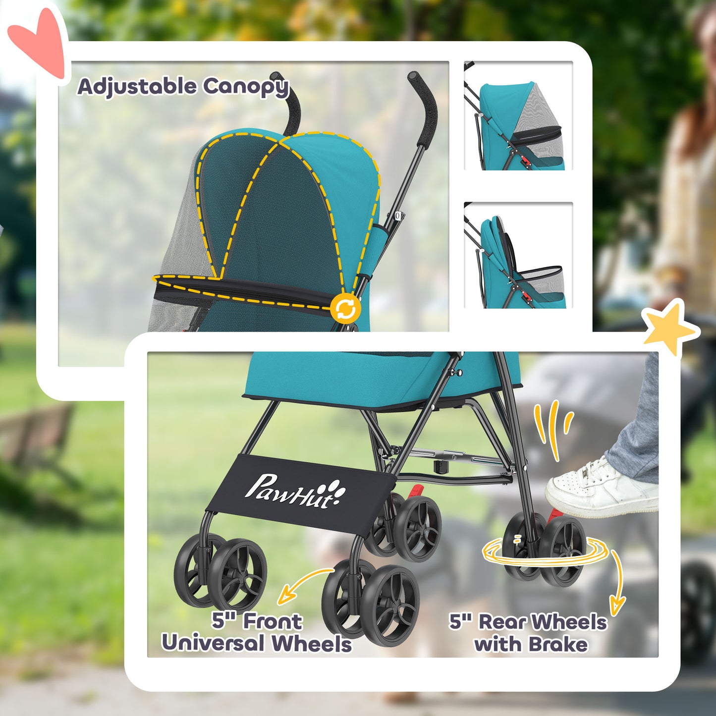 Dog Stroller, Foldable Cat Dog Pram for Miniature Breeds, Pet Stroller with Brake, Mesh Windows, Dark Green