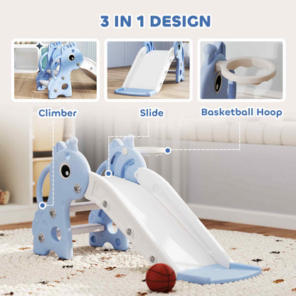 3 in 1 Kids Slide with Climber, Basketball Hoop and Ball, Giraffe Shape Climber Slide for Indoor Kids Age 1-3, Blue