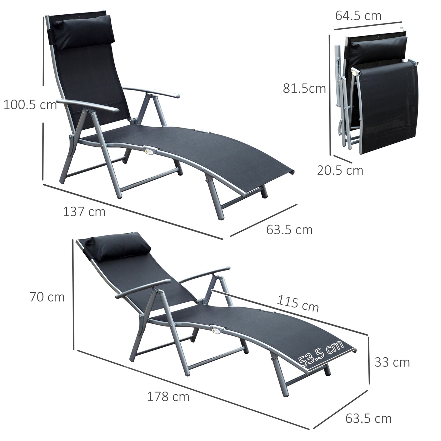 Sun Lounger Steel Frame Outdoor Folding Chaise Texteline Lounge Chair Recliner with Headrest & 7 Levels Adjustable Backrest