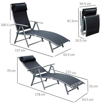 Sun Lounger Steel Frame Outdoor Folding Chaise Texteline Lounge Chair Recliner with Headrest & 7 Levels Adjustable Backrest