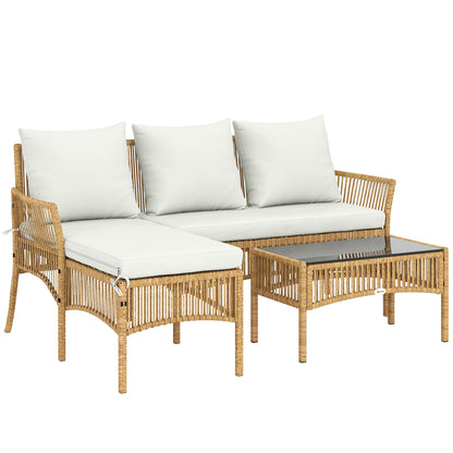 3 Piece Rattan Garden Furniture Corner Sofa Set with Chaise Lounge, Loveseat, Glass Coffee Table, Cushions, Natural Wood