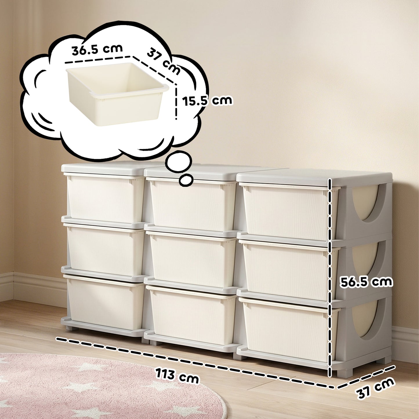 Kids Storage Unit, with Nine Drawers - Cream