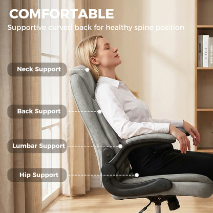 Linen-Look Computer Desk Chair, Executive Office Chair with Flip-Up Armrests and Thick Cushion, Grey