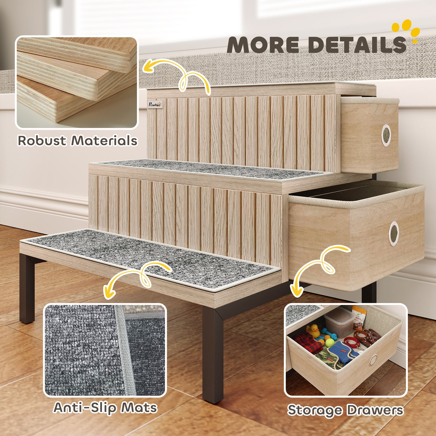 Dog Stairs with Storage, Non-Slip Cover, Pet Steps for Small Dogs & Older Cats, for Sofa, High Bed, Oak Tone