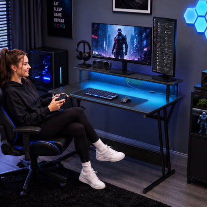 Two-Level LED Gaming Desk - Black