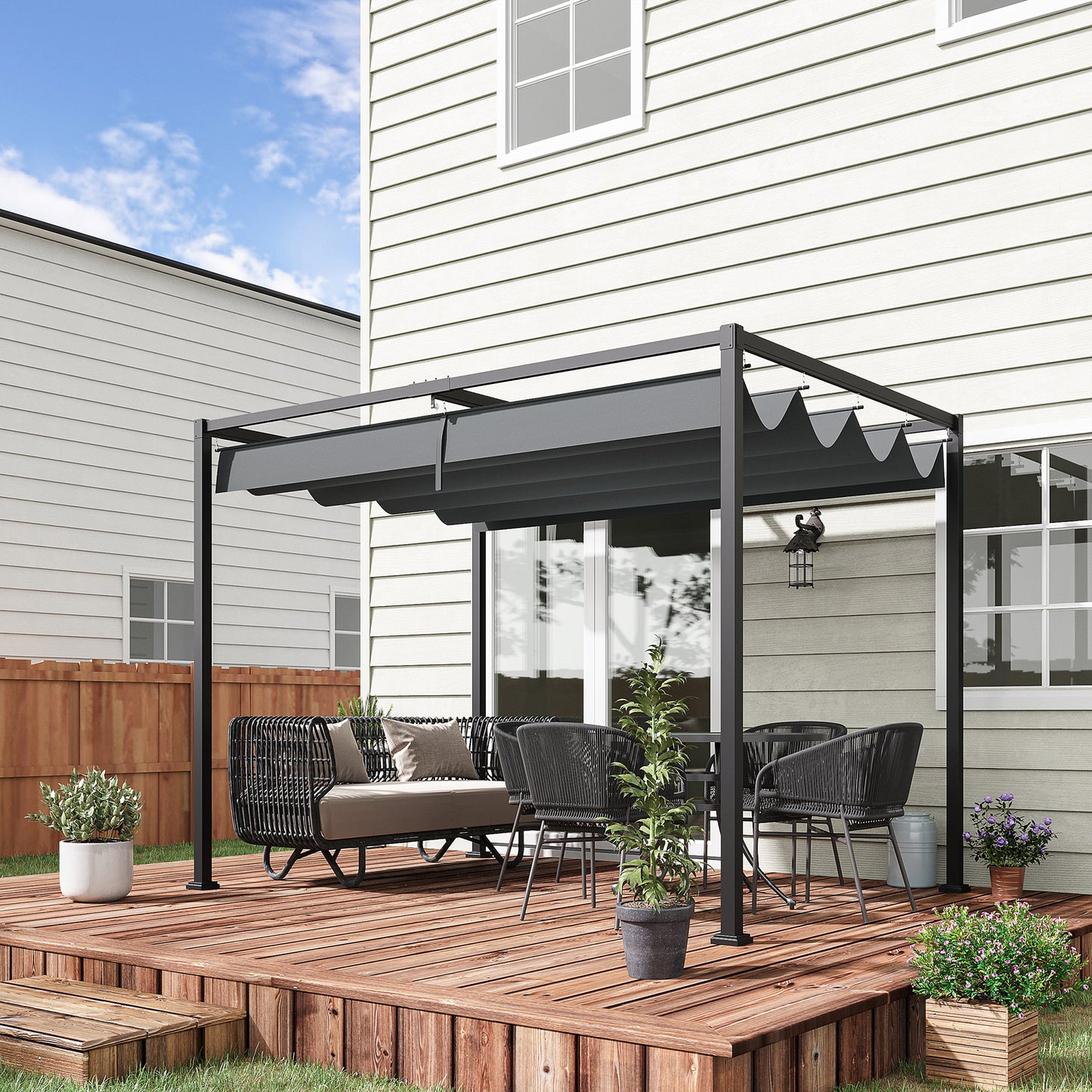 3 x 2m Metal Outdoor Pergola with Retractable Roof, Outdoor Gazebo Canopy Shelter with Drainage Holes for Garden, Patio