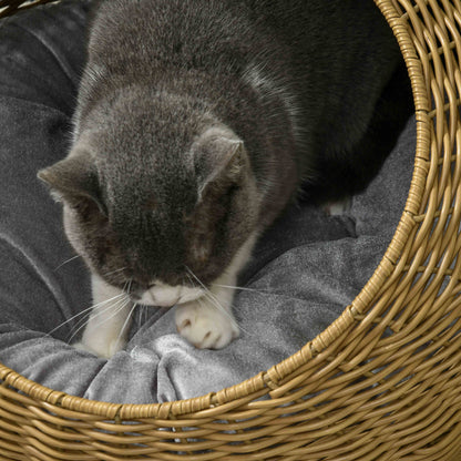Wicker Cat House with Washable Cushion for Indoor Cats, Light Brown