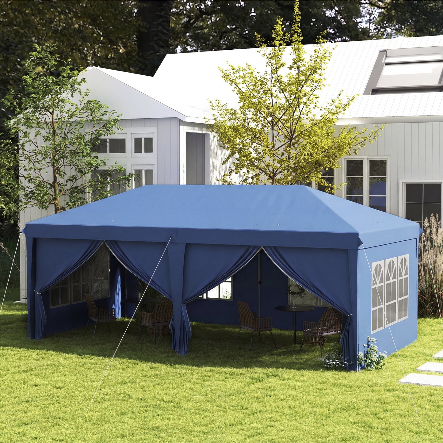 3x6m Pop-Up Gazebo, with Curtain Walls and Windows, Blue