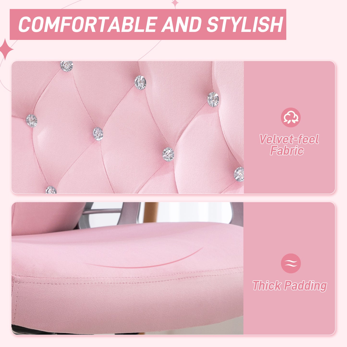 Velvet-Feel Work Chair, with Diamante Back - Pink