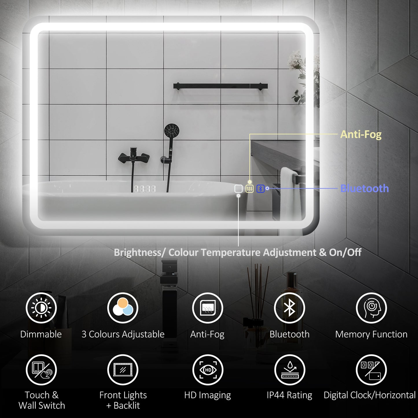 80 x 60 cm Bluetooth Bathroom Mirror - Silver-Tone