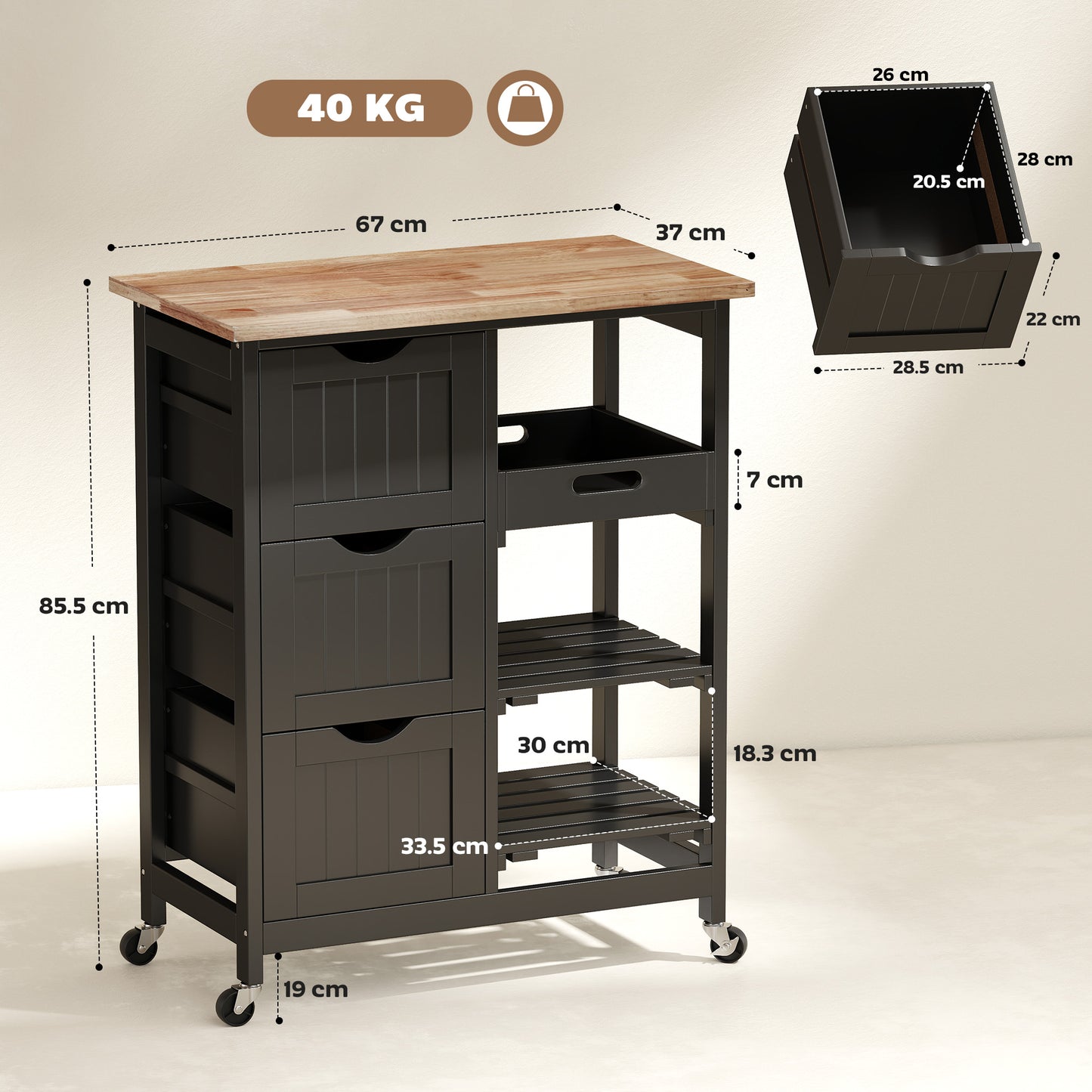 Rolling Kitchen Island Cart, Bar Serving Cart, Compact Trolley on Wheels with Wood Top