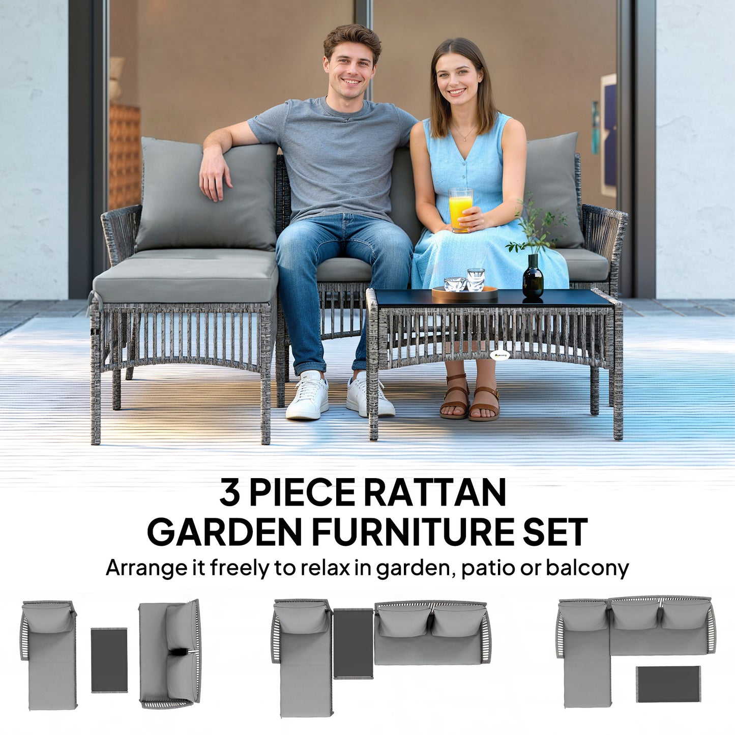 3 Piece Rattan Garden Furniture Corner Sofa Set with Chaise Lounge, Loveseat, Glass Coffee Table, Cushions, Dark Grey
