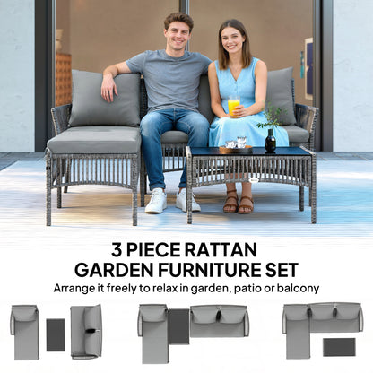 3 Piece Rattan Garden Furniture Corner Sofa Set with Chaise Lounge, Loveseat, Glass Coffee Table, Cushions, Dark Grey