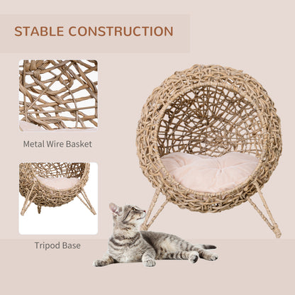Rattan Elevated Cat Bed House Kitten Basket Ball-Shaped Pet Furniture w/ Removable Cushion - Natural