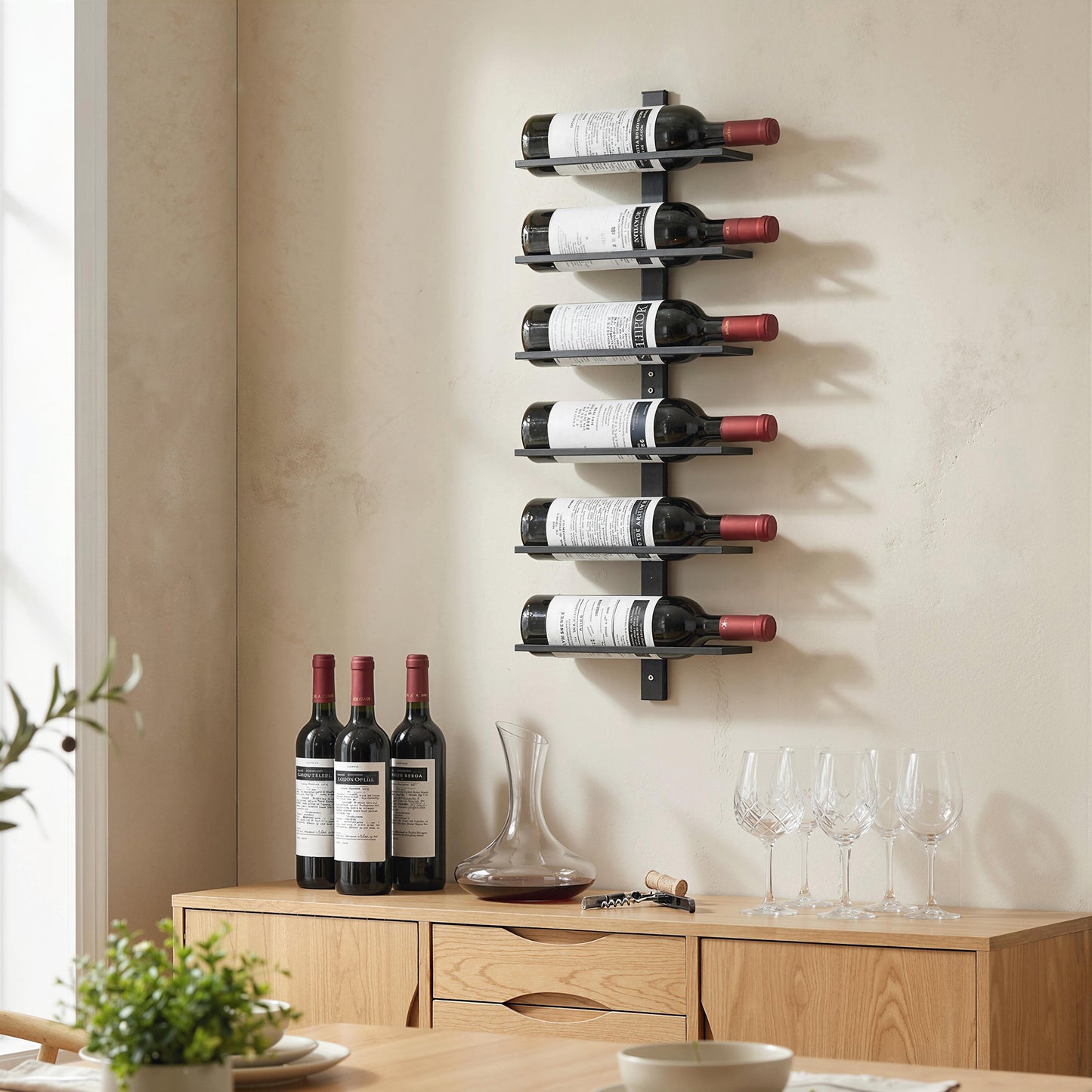 Wall Mounted Wine Rack, 6 Tier Metal Wine Display Rack, Storage Holder for Kitchen, Black