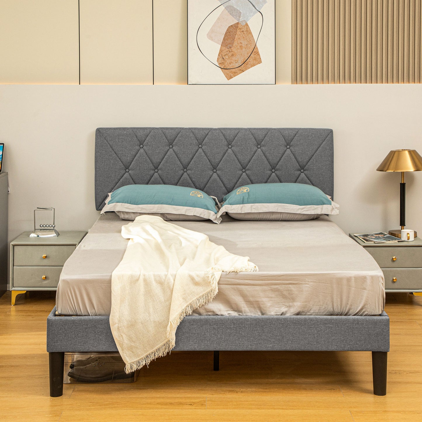 Double Bed Frame with 5-Level Adjustable Linen Upholstered Headboard 145W x 196D x 120Hcm, Grey