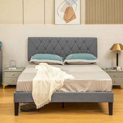 Double Bed Frame with 5-Level Adjustable Linen Upholstered Headboard 145W x 196D x 120Hcm, Grey