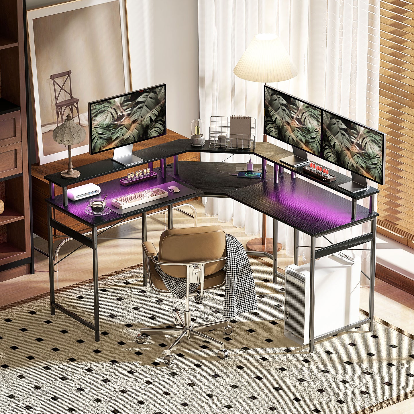 'L' Shaped Work Desk, with LED Lights - Black