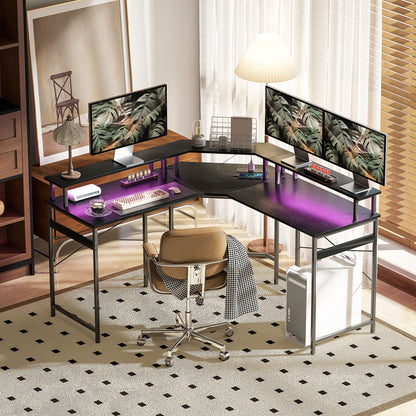 'L' Shaped Work Desk, with LED Lights - Black