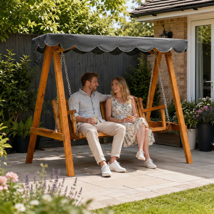3 Seater Garden Swing Seat with Canopy, Wooden Swing Chair, Outdoor Hammock Bench for Balcony Patio Porch, Dark Grey