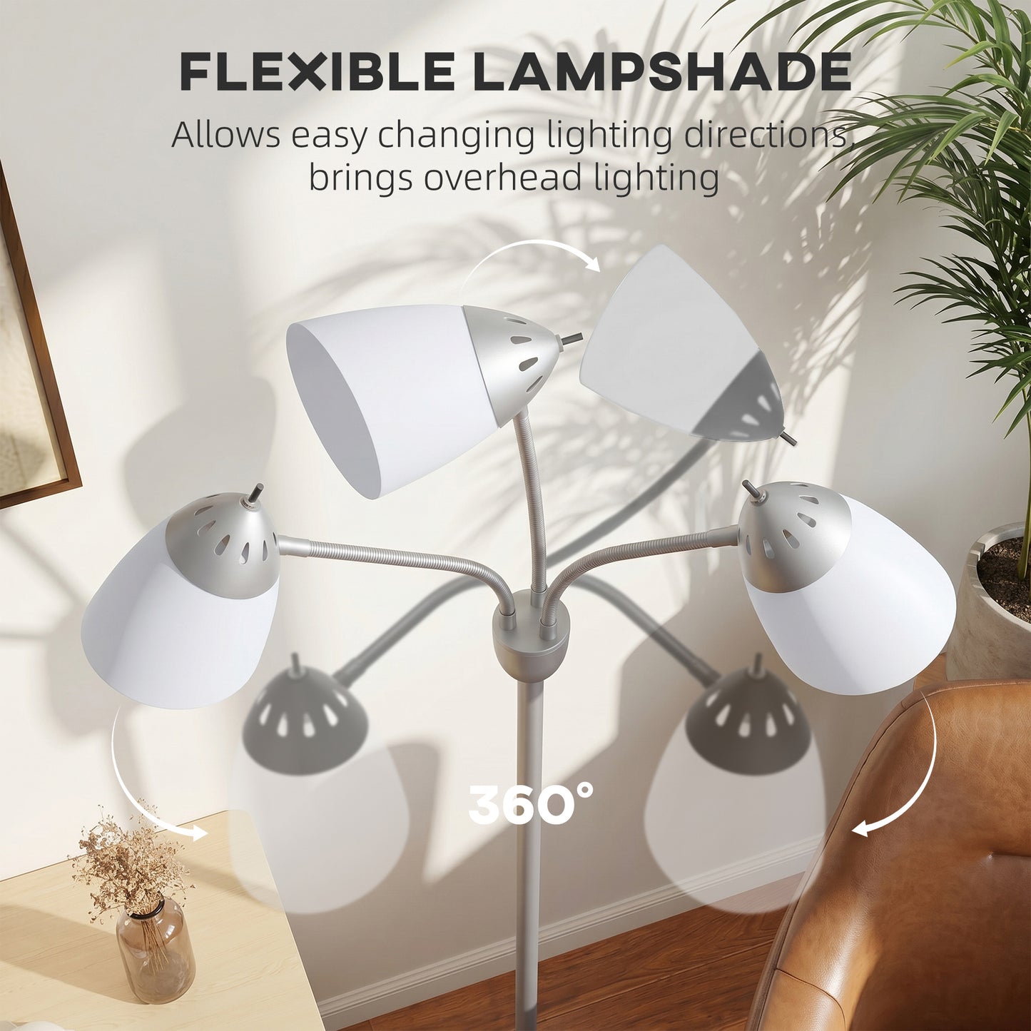 Arc Tree Floor Lamp with 3 Adjustable Rotating Lights, Industrial Standing Lamp with Steel Frame, Silver Tone