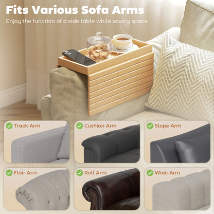 Bamboo Sofa Arm Tray, Foldable Anti-Slip Armrest Tray for Drinks and Snacks, Natural Wood Finish