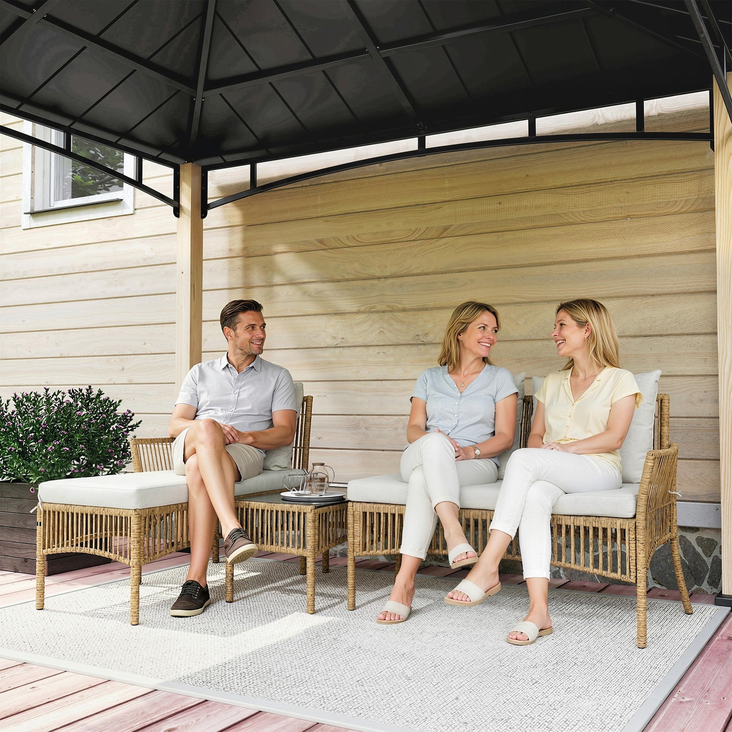 3 Piece Rattan Garden Furniture Corner Sofa Set with Chaise Lounge, Loveseat, Glass Coffee Table, Cushions, Natural Wood