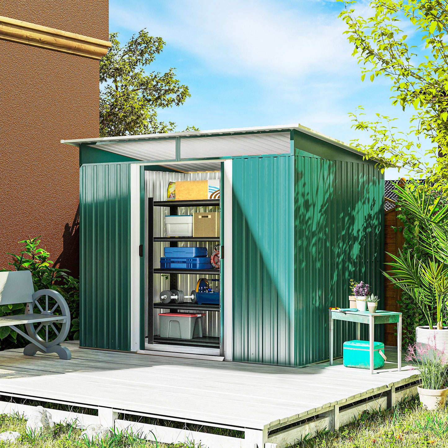 8.5 x 6ft Metal Shed with Lightsky Panels, Garden Storage Tool House with Double Doors for Garden, Patio and Lawn, Green
