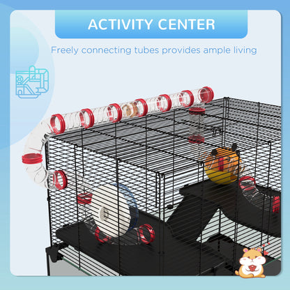 Gerbil Cage, Dwarf Hamster Cage, with Deep Glass Bottom, Tunnels, Ramps, Hut, Exercise Wheel, 78.5 x 48.5 x 57cm