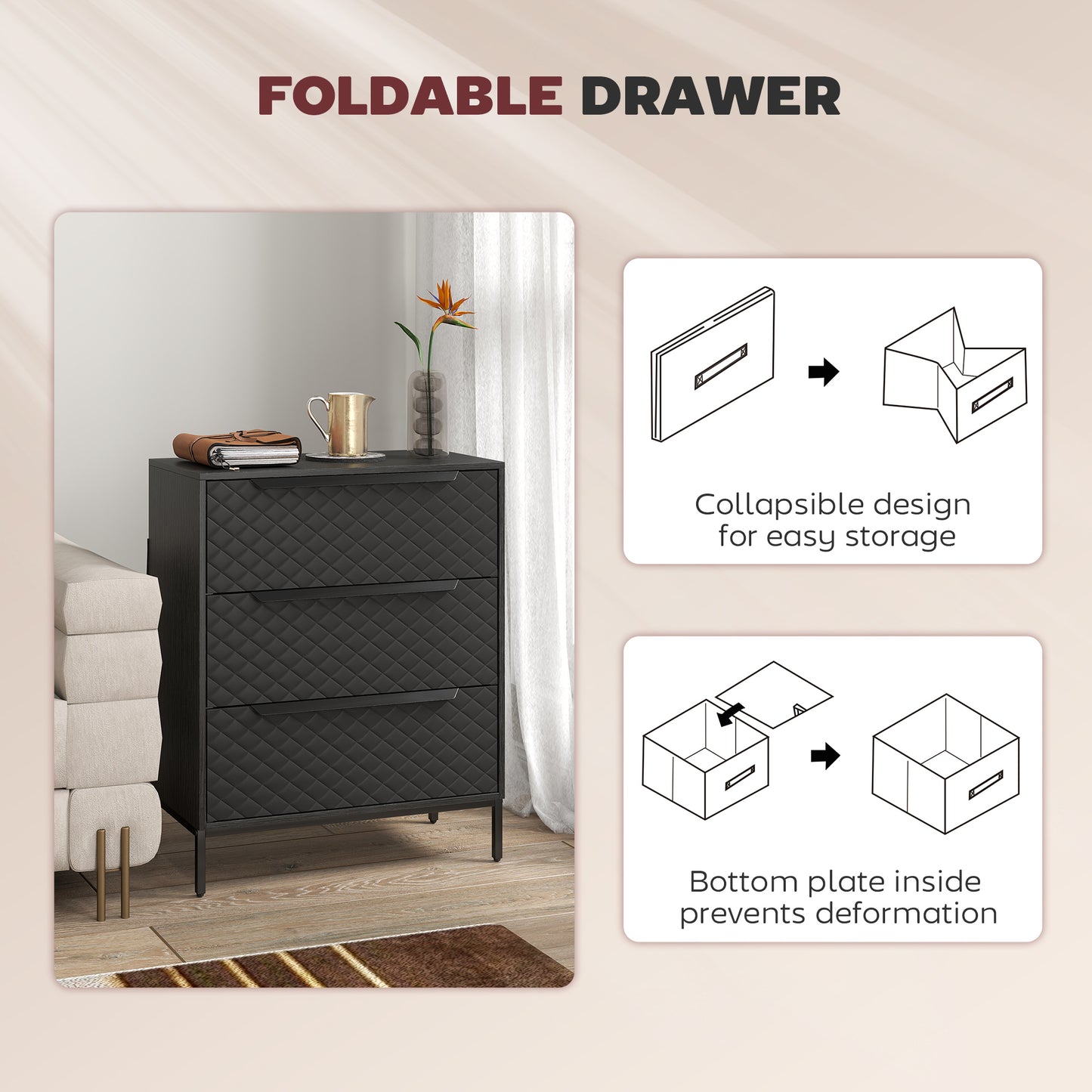Chest of Drawers, Dresser with 3 Fabric Drawers and Aluminium Handles - Black
