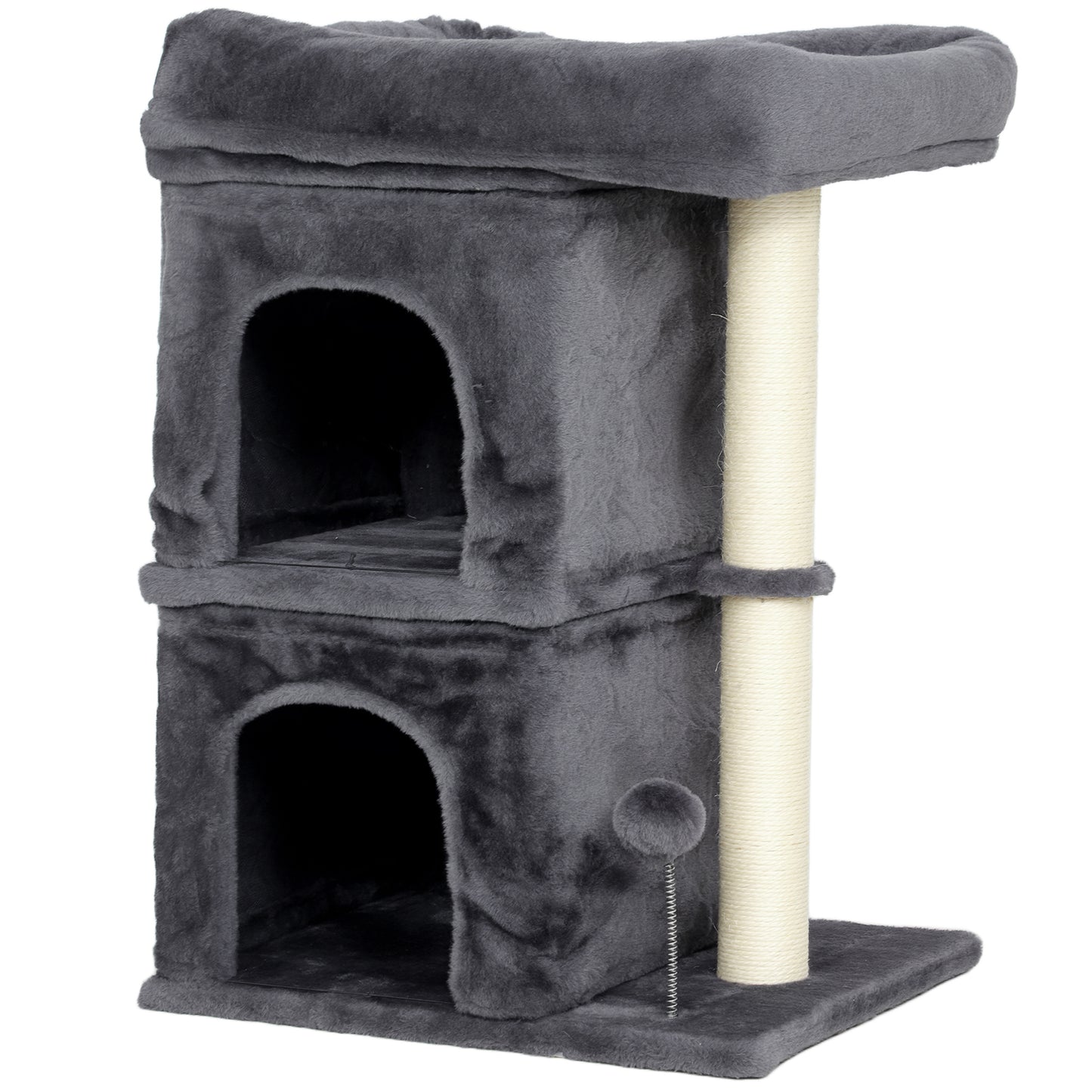 66 cm Small Cat Tree for Large Cats, Cat Tower w/ Large Top Perch, 2 Condos, Sisal Scratching Post, Toy Ball, Dark Grey