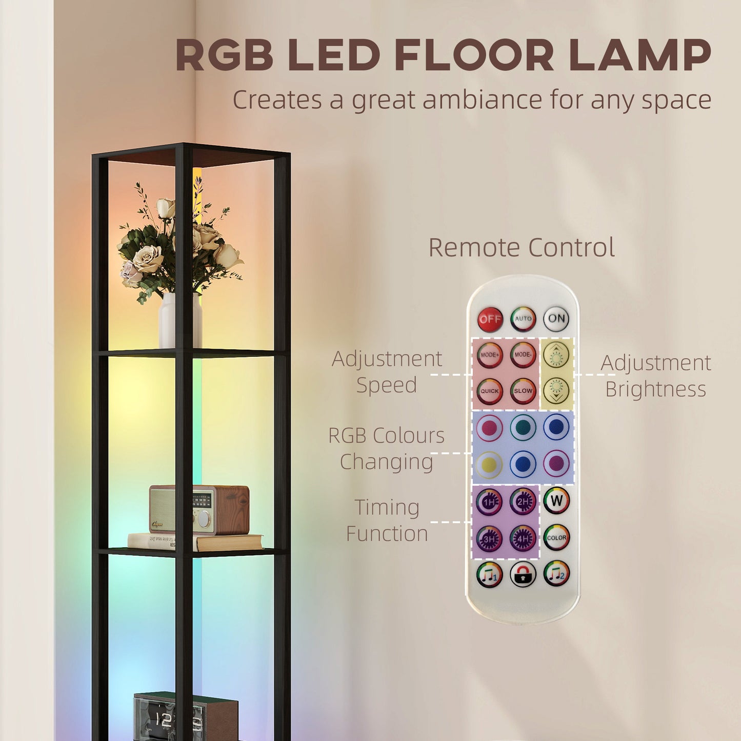 RGB LED Floor Lamp with Shelves, Modern Dimmable Standing Lamp with Remote Control