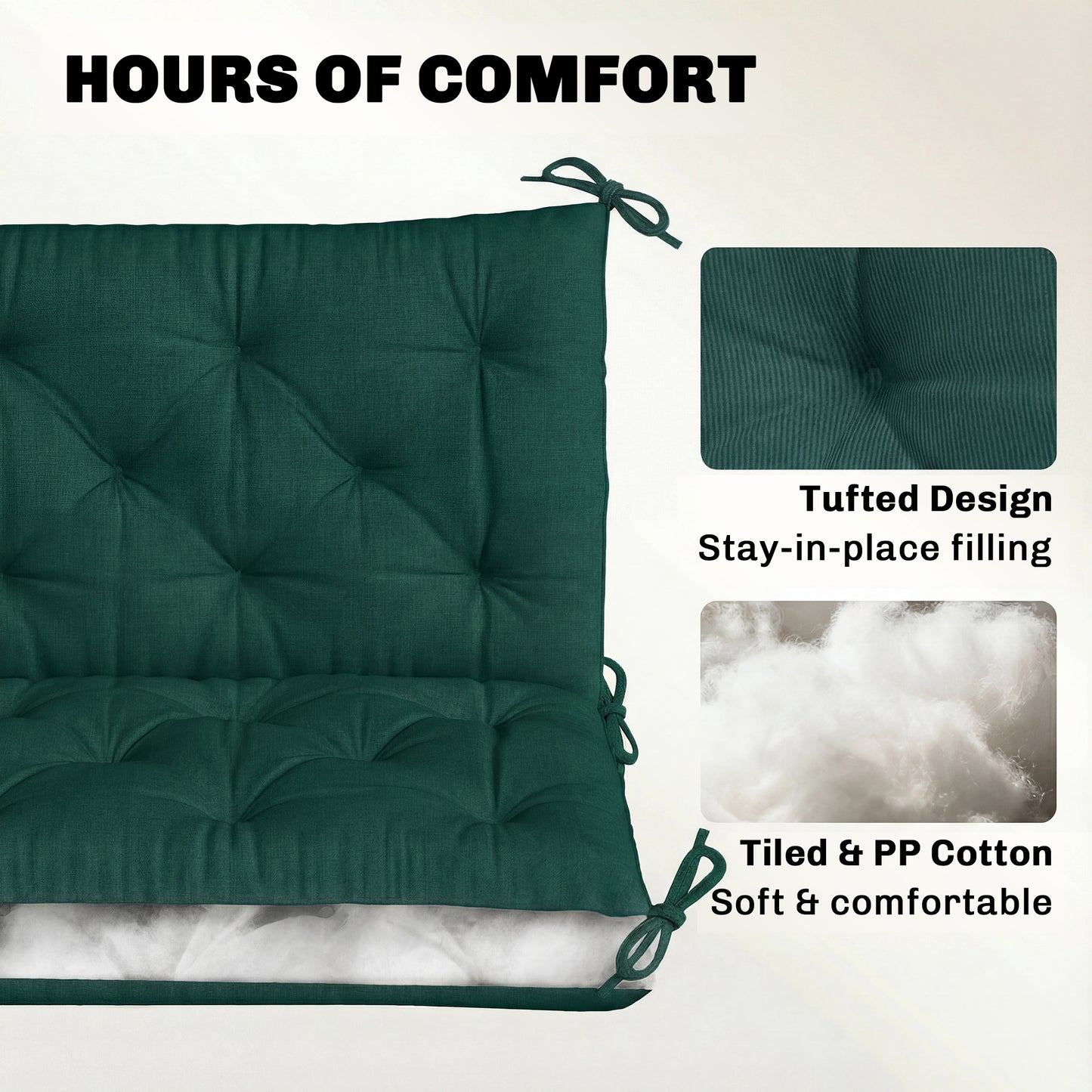 3 Seater Bench Cushion, Garden Chair Cushion with Back and Ties for Indoor and Outdoor Use, 98 x 150 cm, Green