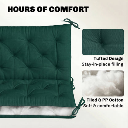 3 Seater Bench Cushion, Garden Chair Cushion with Back and Ties for Indoor and Outdoor Use, 98 x 150 cm, Green