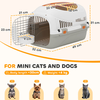 Plastic Pet Carrier Hard Shell Dog Cat Carrier Max 4 KG Steel Door Feed Bowl Secure Lock 49 x 32 x 31 cm
