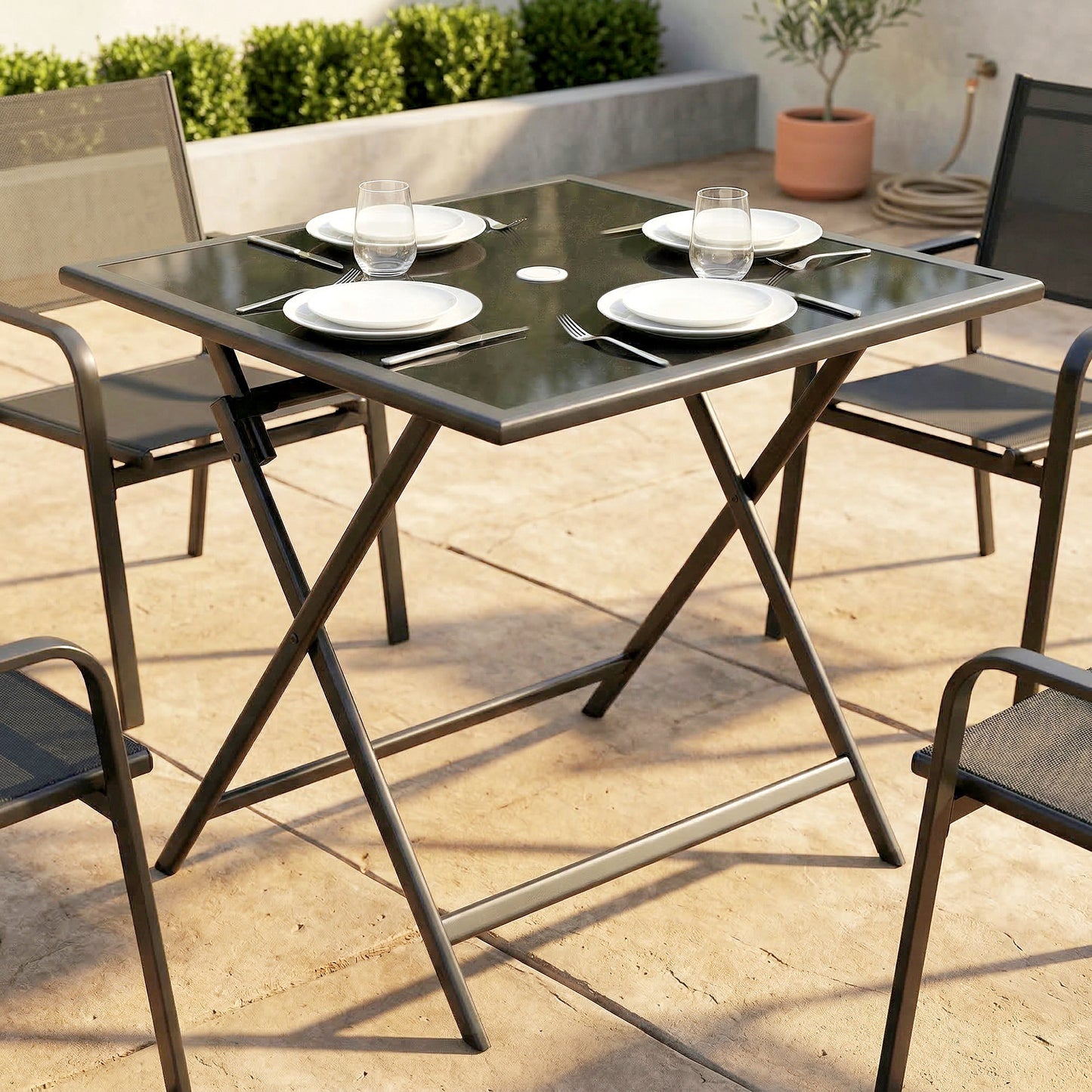 Folding Outdoor Dining Table, Square Garden Table Tempered Glass Top with Parasol Hole Garden Patio, 70 x 70 x 70 cm