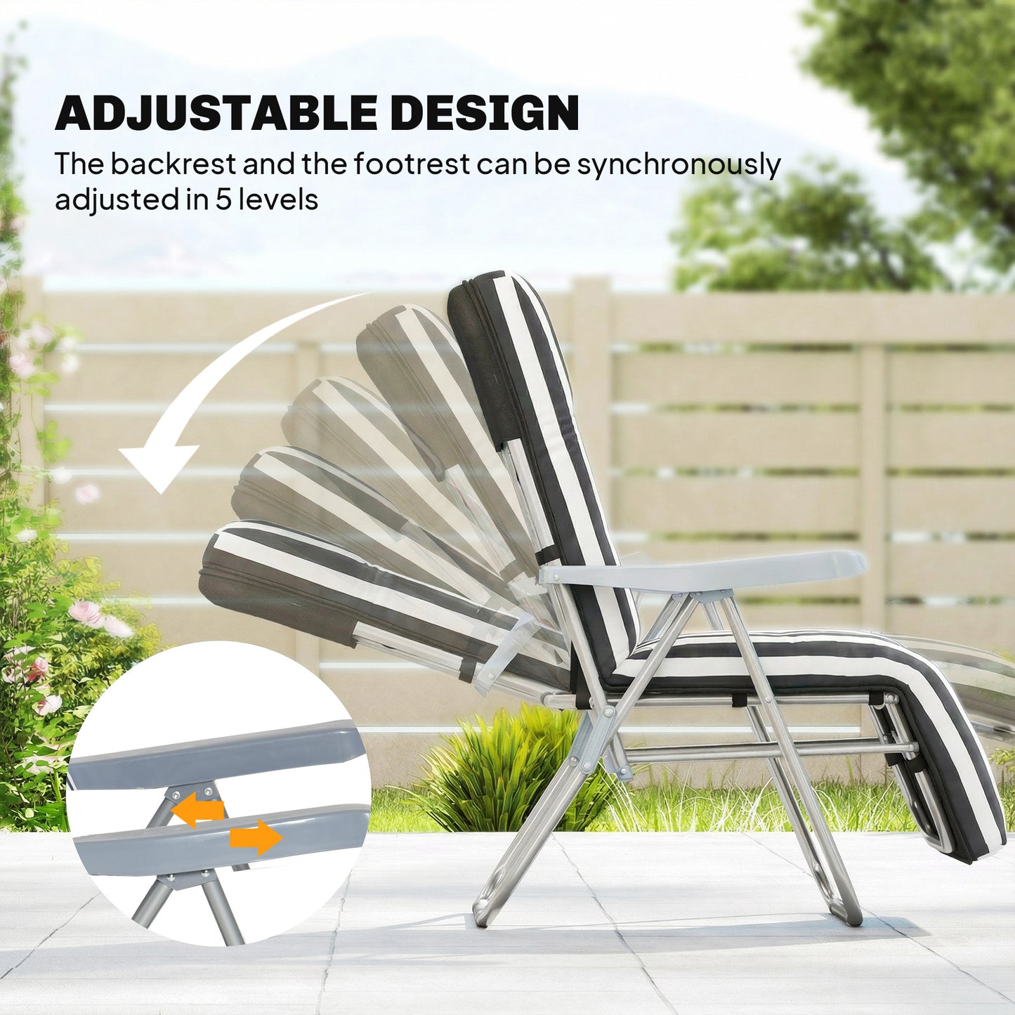 Set of 2 Foldable Patio Sun Lounger with Adjustable Backrest and Cushion, Grey and White