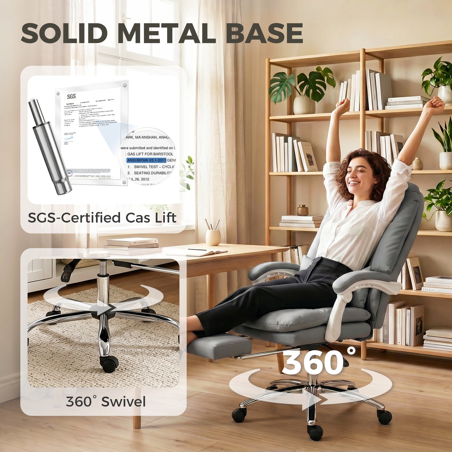 Ergonomic Executive Office Chair, Reclining Desk Chair with Lumbar Support, Footrest, Plush Thick Cushion, Grey