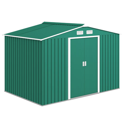 9 x 6ft Metal Garden Shed, Outdoor Storage Tool House with Ventilation Slots, Foundation Kit and Lockable Double Doors, Green