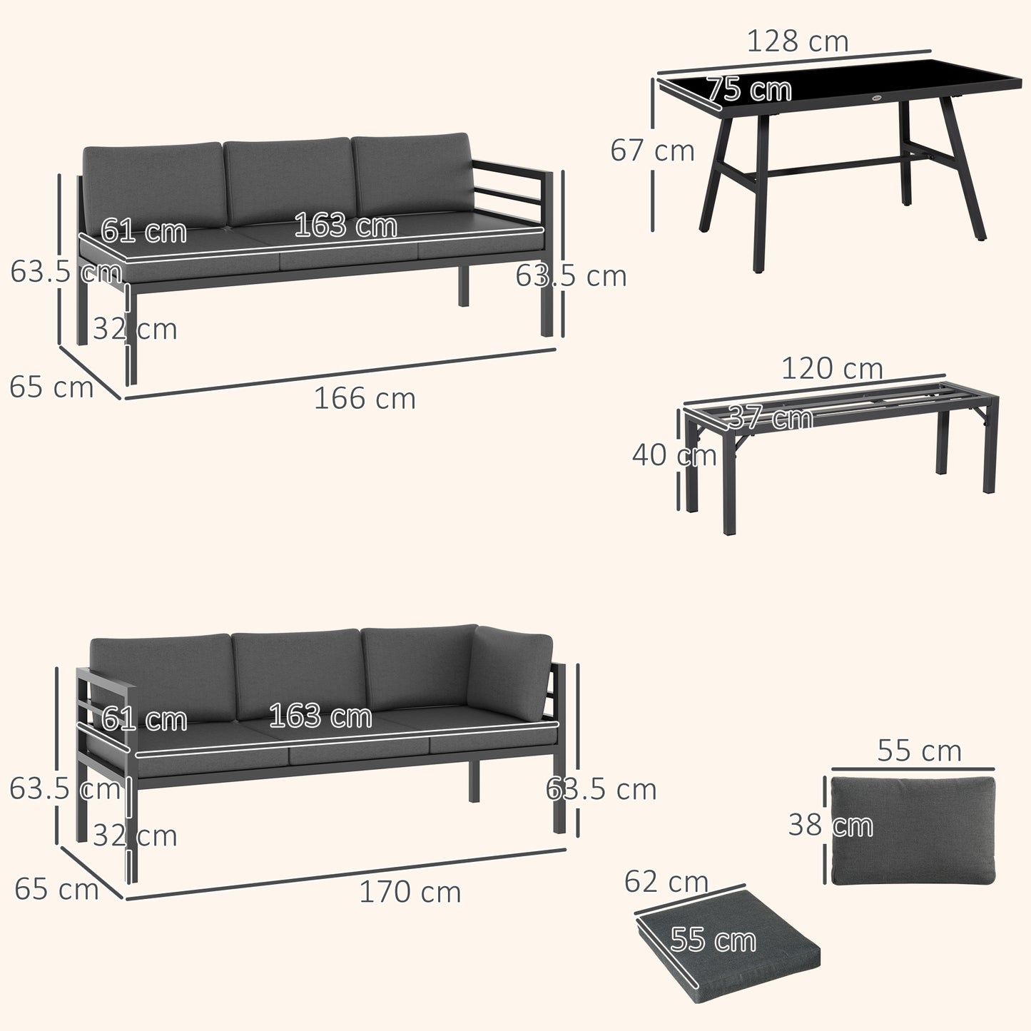 4 Piece L-shaped Garden Furniture Set 8-Seater Aluminium Outdoor Dining Set Conversation Sofa Set w/ Bench