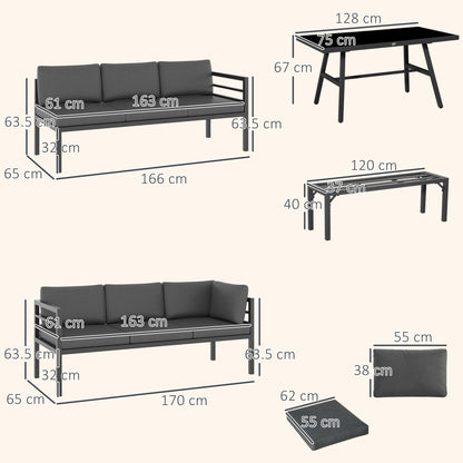 4 Piece L-shaped Garden Furniture Set 8-Seater Aluminium Outdoor Dining Set Conversation Sofa Set w/ Bench