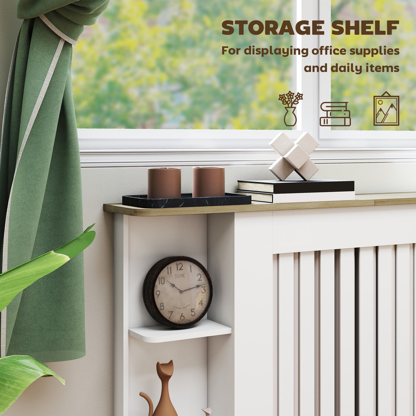 Radiator Cover with Open Storage Shelves, Vertical Slatted Cabinet Shelf Heater Cover for Living Room, Hallway, Large, White