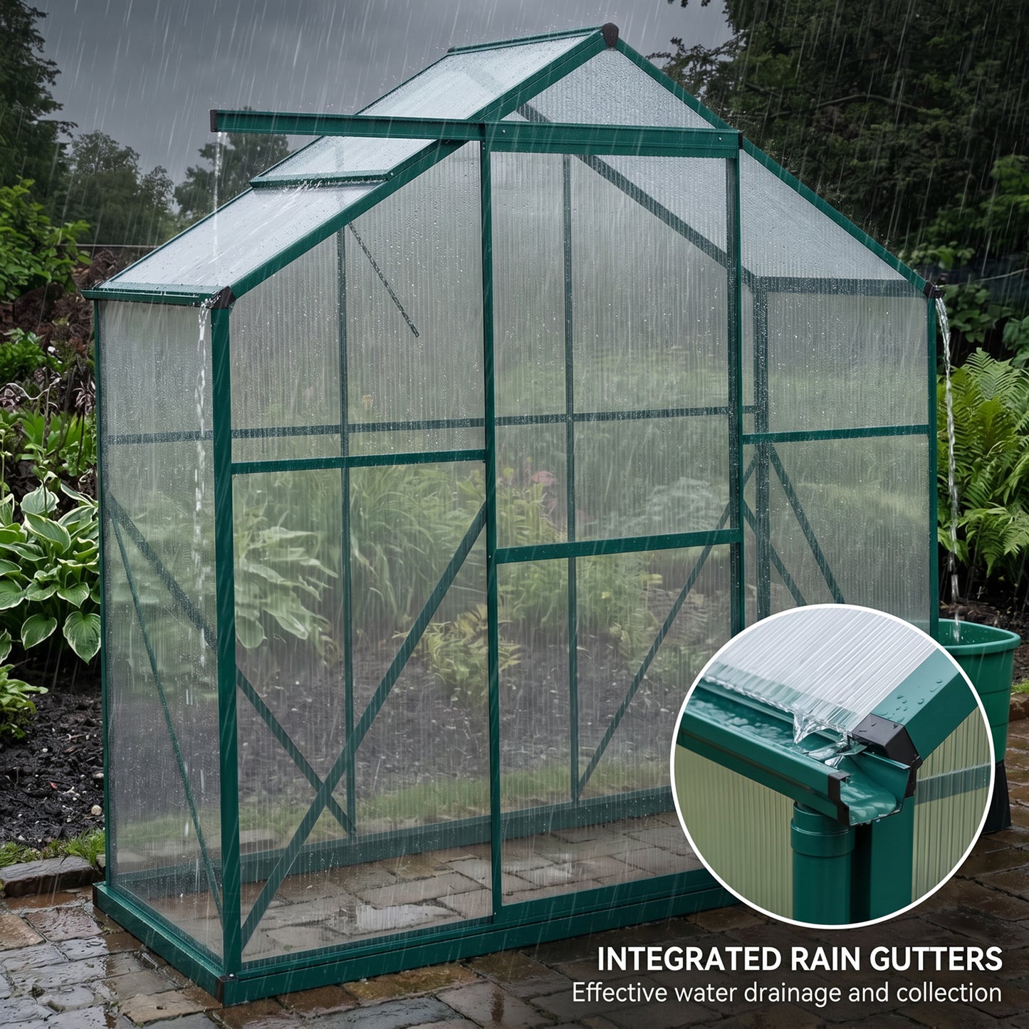 6 x 2.5ft Polycarbonate Greenhouse Walk-In Green House with Rain Gutter, Sliding Door, Window, Foundation, Green