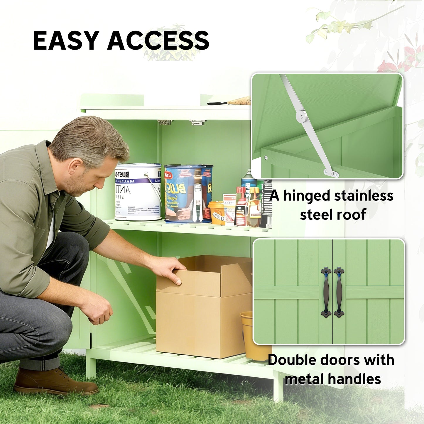 Wooden Garden Shed, Garden Tool Storage Shed with Hinged Roof and Shelf, Outdoor Storage Cabinet with Double Doors