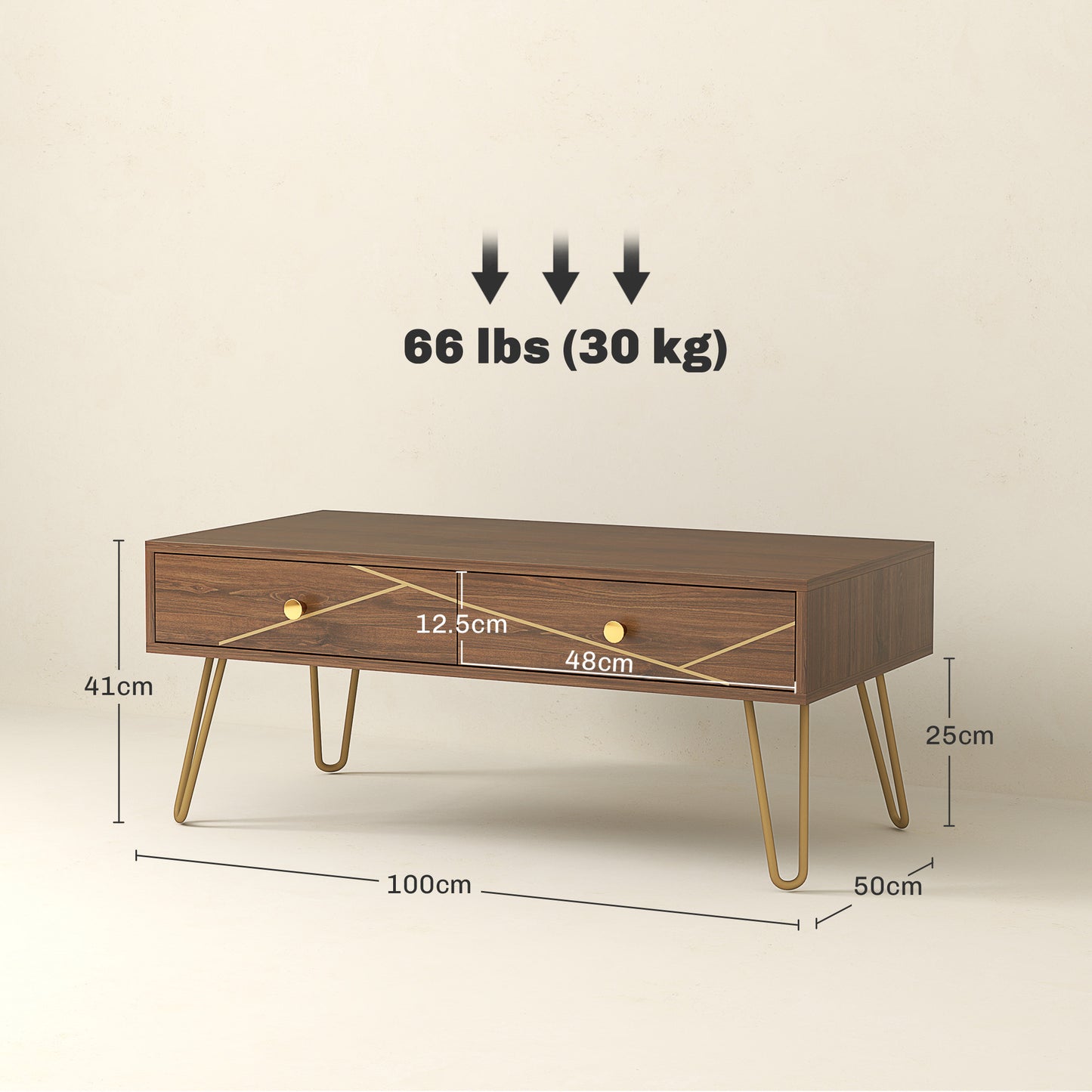 Coffee Table with Storage, Living Room Table with Drawers, Rectangular Tea Table with Steel Base for Home, 100 x 50 x 41 cm