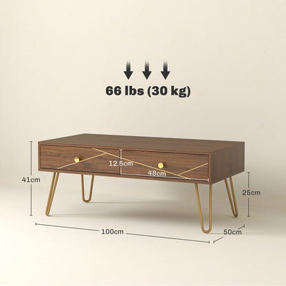 Coffee Table with Storage, Living Room Table with Drawers, Rectangular Tea Table with Steel Base for Home, 100 x 50 x 41 cm