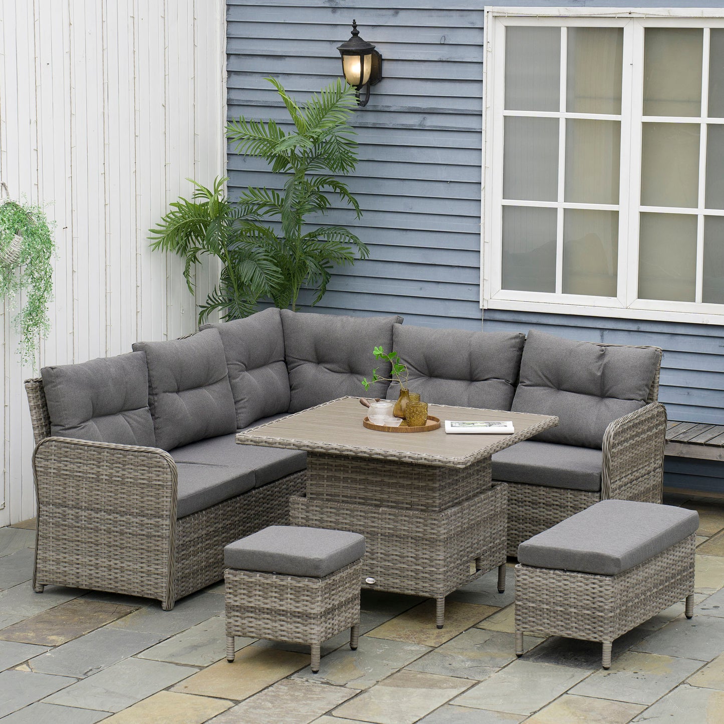 7 Seater Rattan Garden Furniture Set, 6 Piece Patio Dining Set with Liftable Coffee Table and Soft Padded Cushion
