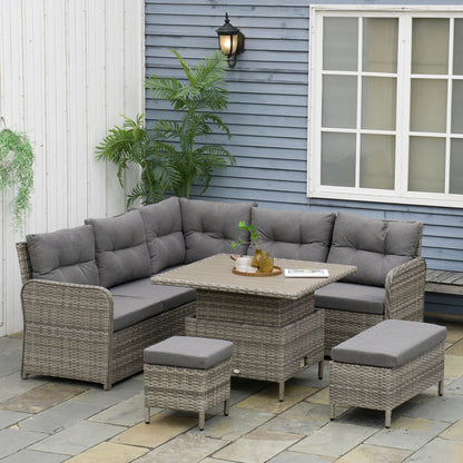 7 Seater Rattan Garden Furniture Set, 6 Piece Patio Dining Set with Liftable Coffee Table and Soft Padded Cushion